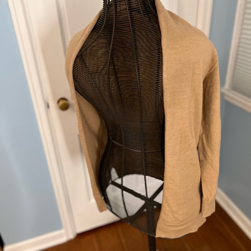 Saks Fifth Avenue 100% Cashmere Tan Open Front Cardigan Ribbed Trim